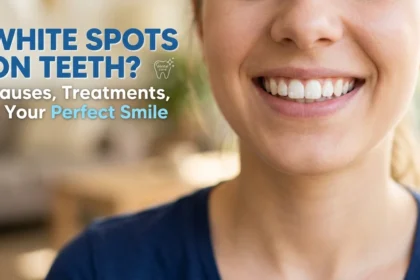 Close-up of a person smiling brightly to show visible white spots on front teeth, illustrating common enamel demineralization or fluorosis.