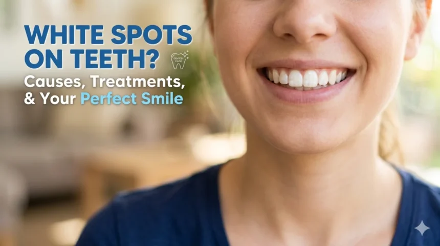 Close-up of a person smiling brightly to show visible white spots on front teeth, illustrating common enamel demineralization or fluorosis.