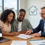 A diverse couple signing a real estate purchase agreement with their agent, featuring the Framework Homeownership website on a laptop to help with the framework homeownership making an offer answers.