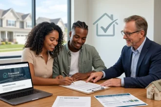 A diverse couple signing a real estate purchase agreement with their agent, featuring the Framework Homeownership website on a laptop to help with the framework homeownership making an offer answers.