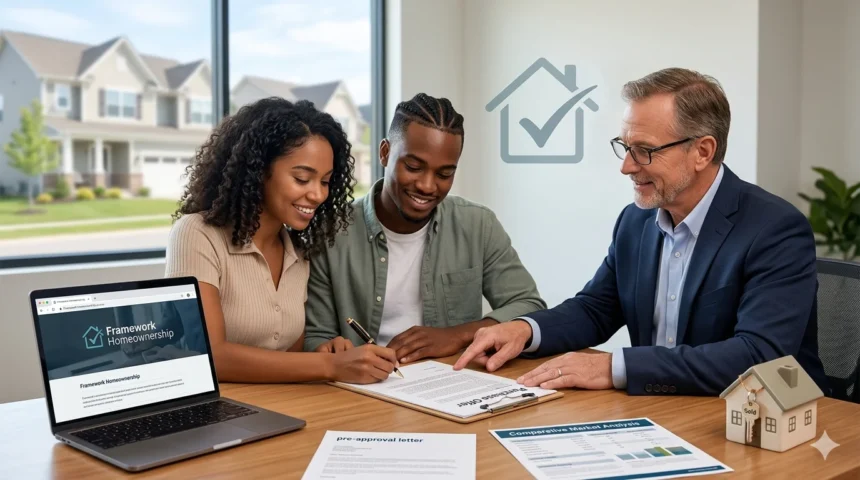 A diverse couple signing a real estate purchase agreement with their agent, featuring the Framework Homeownership website on a laptop to help with the framework homeownership making an offer answers.