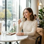 Chic day lifestyle with stylish outfit and elegant city café look
