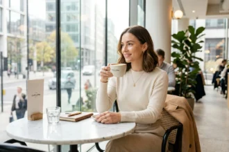 Chic day lifestyle with stylish outfit and elegant city café look