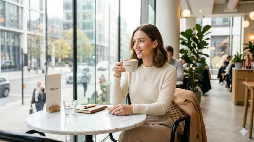 Chic day lifestyle with stylish outfit and elegant city café look